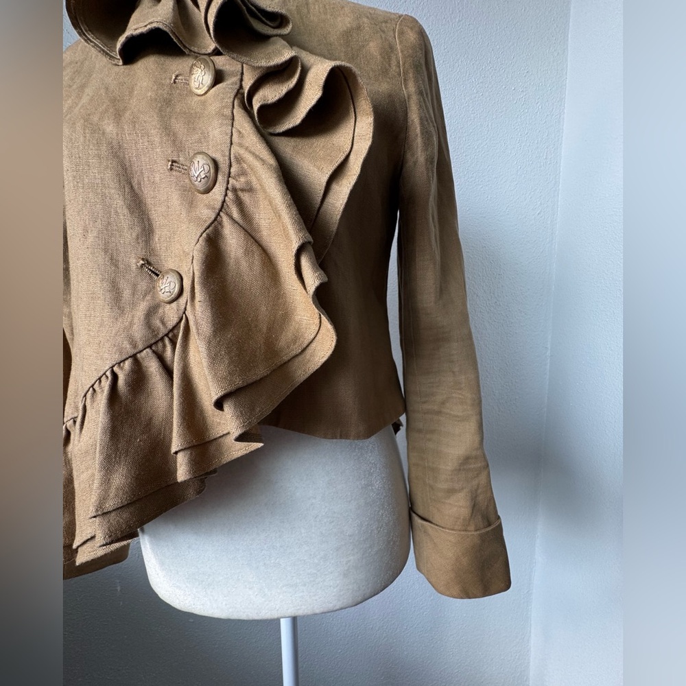 Anthropologie Ruffian Jacket Linen Silk Gold Blazer Asymmetric SZ 0 - Picture 9 of 11